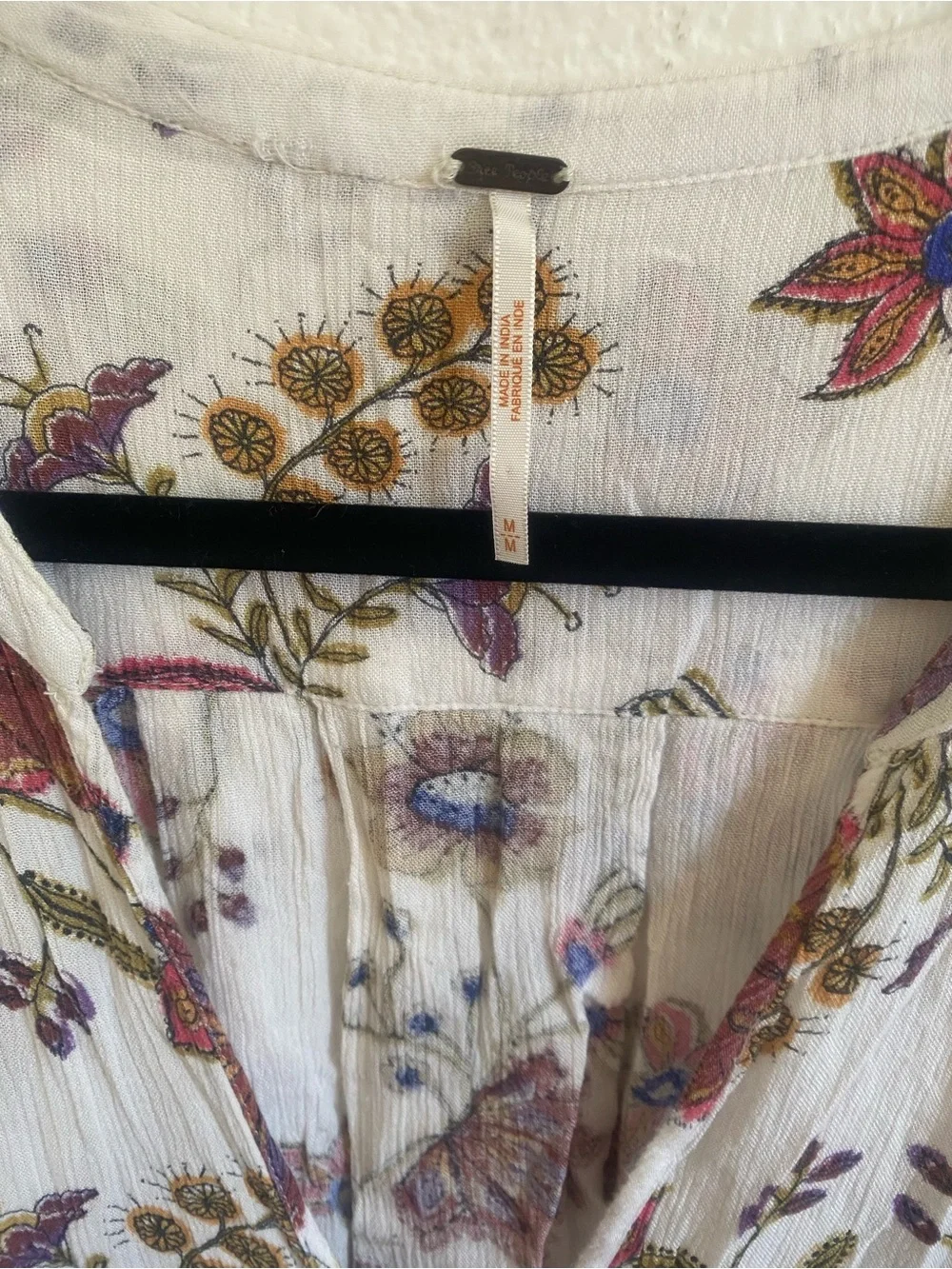 Free People White Floral Crochet-Trim Tunic with Rust and Purple Accents